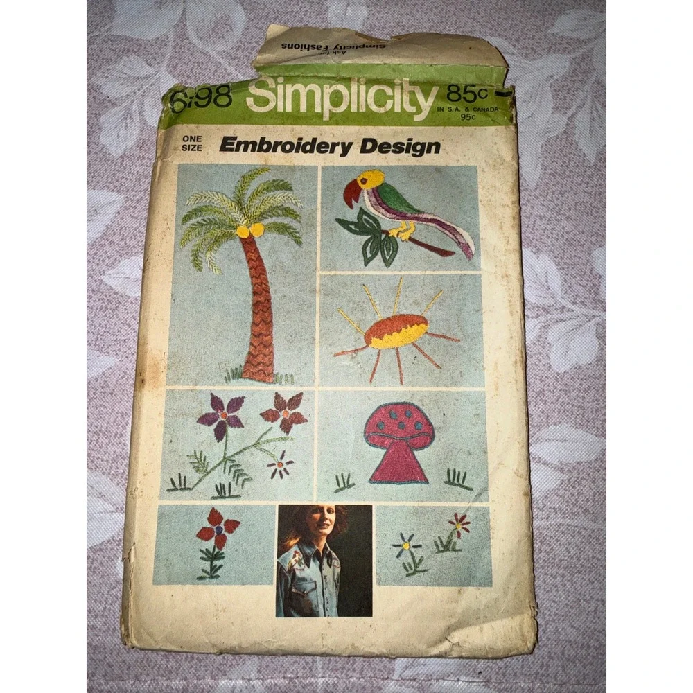 Vintage 1973 Simplicity 6198 Embroidery Transfer Pattern Palm Tree Parrot Flower